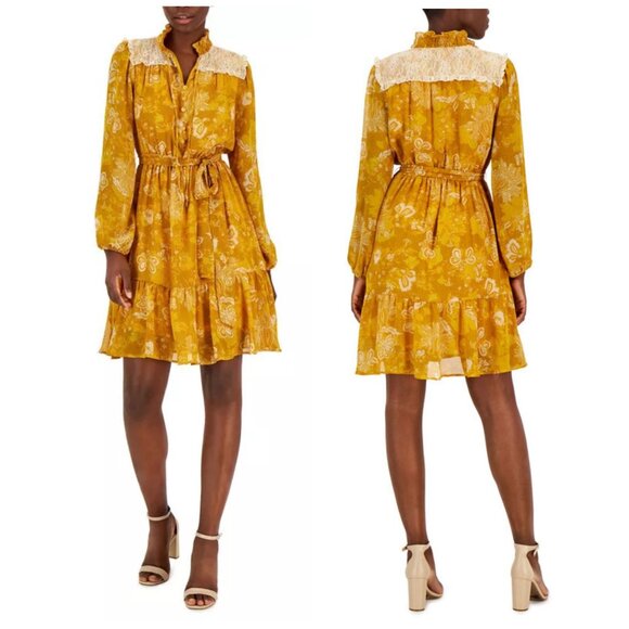 Tahari ASL Lace-Trim BOHO Tiered Split-Neck Dress in Mustard/Ivory Womens Size 4 - Picture 11 of 11